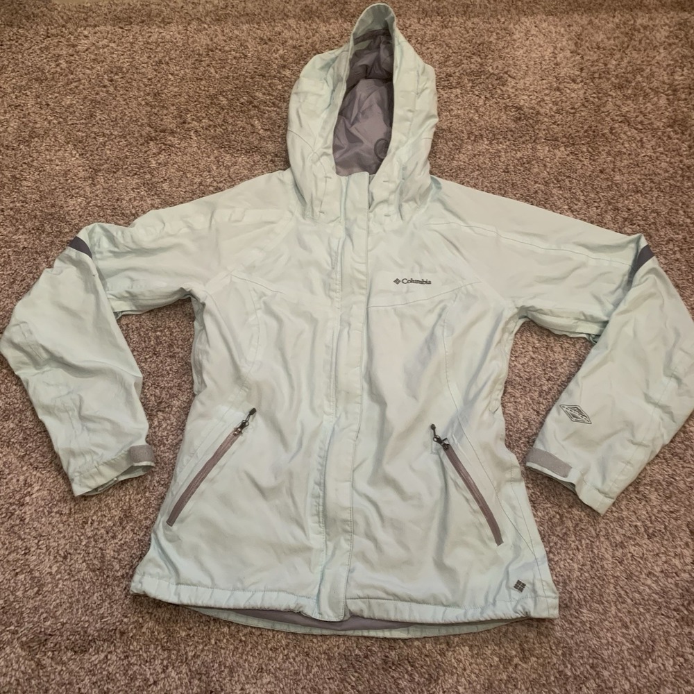 Columbia Windbreaker Jacket Women's Medium Mint Green Lightweight Hood Full Zip - Picture 1 of 16
